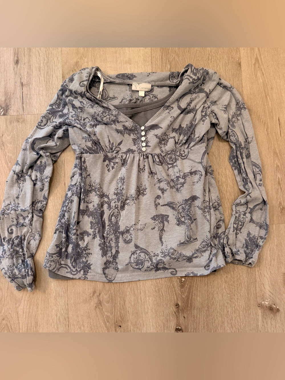 VTG 90s Currants by Jeri-Jo Grey Toile Babydoll Top Layered V-Neck Size L